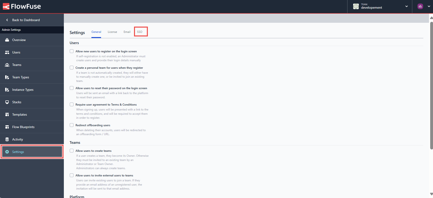Screenshot of platform showing the 'admin settings' 'SSO' tab option "Screenshot of platform showing the 'admin settings' 'SSO' tab option"